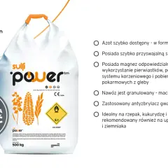 Worek nawozu sulfi power z kukurydzą i rzepakiem. Nawóz ten zawiera siarkę, magnez i azot, idealny na rzepak, kukurydzę i zboża.