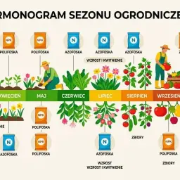 Harmonogram ogrodniczy: od marca do października, z zastosowaniem nawozów jak amofoska, dla wzrostu i zbiorów.