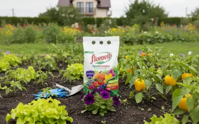 Opakowanie nawozu Florovit OgrodComplex na tle grządki z warzywami i kwiatami.