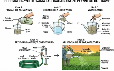 Schemat pokazuje, jak przygotować i zastosować nawóz płynny do trawy. Najpierw odmierz 100 ml nawozu, dodaj do 1 litra wody, wymieszaj, a następnie wieczorem podlej trawnik.