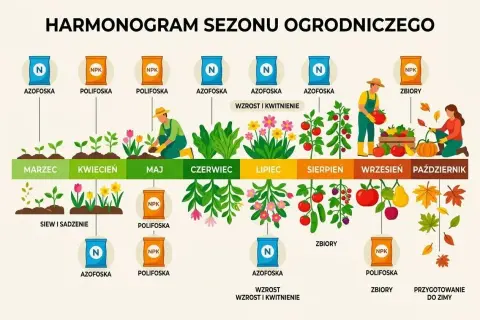 Harmonogram ogrodniczy: od marca do października, z zastosowaniem nawozów jak amofoska, dla wzrostu i zbiorów.