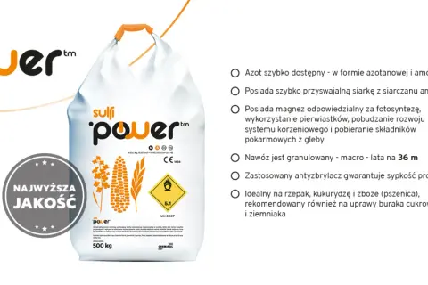 Worek nawozu sulfi power z kukurydzą i rzepakiem. Nawóz ten zawiera siarkę, magnez i azot, idealny na rzepak, kukurydzę i zboża.