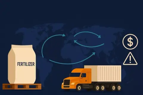Globalny transport nawozów i jego wpływ na ceny. Symbol dolara i wykrzyknik wskazują na ryzyko.