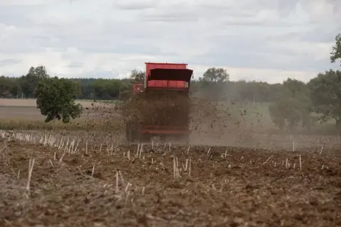 Czerwony rozrzutnik rozsypuje obornik na polu, przygotowując ziemię do nowego sezonu.