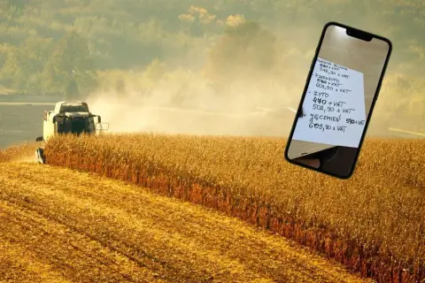 Żniwa w pełni, a na ekranie telefonu widać ceny zbóż od Woźniaka: pszenica, żyto, jęczmień.