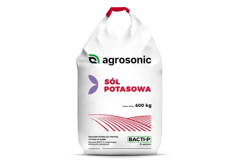 Worek nawozu "Sól potasowa" od Agrosonic, 600 kg. Produkt BACTI-P wspomaga nawożenie.