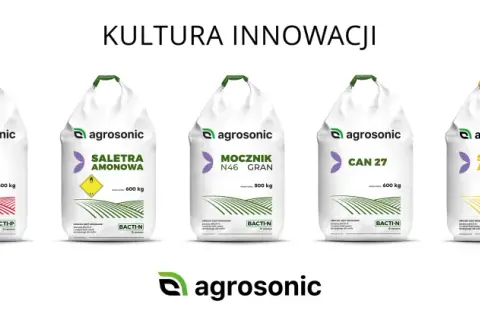 Siedem worków nawozów Agrosonic, w tym Siarczan amonu i DAP. Produkty wspierają efektywne nawożenie.