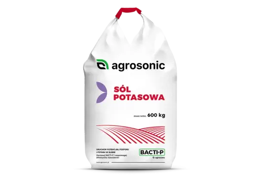 Worek nawozu "Sól potasowa" od Agrosonic, 600 kg. Produkt BACTI-P wspomaga nawożenie.