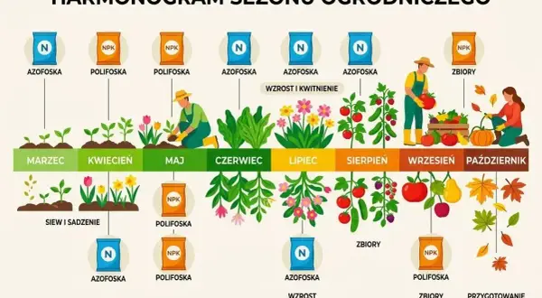 Harmonogram ogrodniczy: od marca do października, z zastosowaniem nawozów jak amofoska, dla wzrostu i zbiorów.