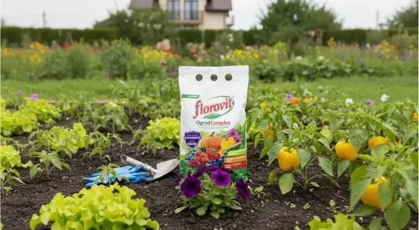 Opakowanie nawozu Florovit OgrodComplex na tle grządki z warzywami i kwiatami.