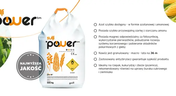 Worek nawozu sulfi power z kukurydzą i rzepakiem. Nawóz ten zawiera siarkę, magnez i azot, idealny na rzepak, kukurydzę i zboża.