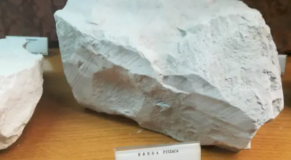 Duży blok białej, porowatej skały, prawdopodobnie kreda nawozowa, z widocznymi śladami obróbki.