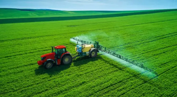 Czerwony traktor z opryskiwaczem na zielonym polu, rozpyla nawóz, by zapewnić roślinom saletrę.