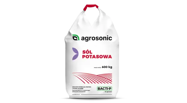 Worek nawozu "Sól potasowa" od Agrosonic, 600 kg. Produkt BACTI-P wspomaga nawożenie.
