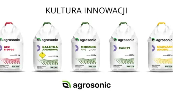 Siedem worków nawozów Agrosonic, w tym Siarczan amonu i DAP. Produkty wspierają efektywne nawożenie.