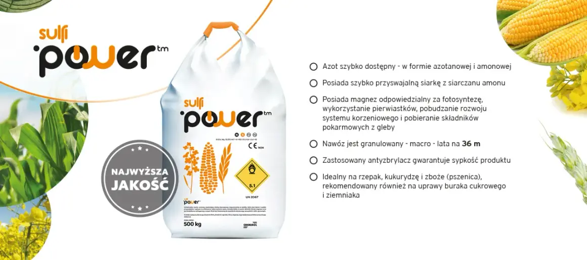 Worek nawozu sulfi power z kukurydzą i rzepakiem. Nawóz ten zawiera siarkę, magnez i azot, idealny na rzepak, kukurydzę i zboża.