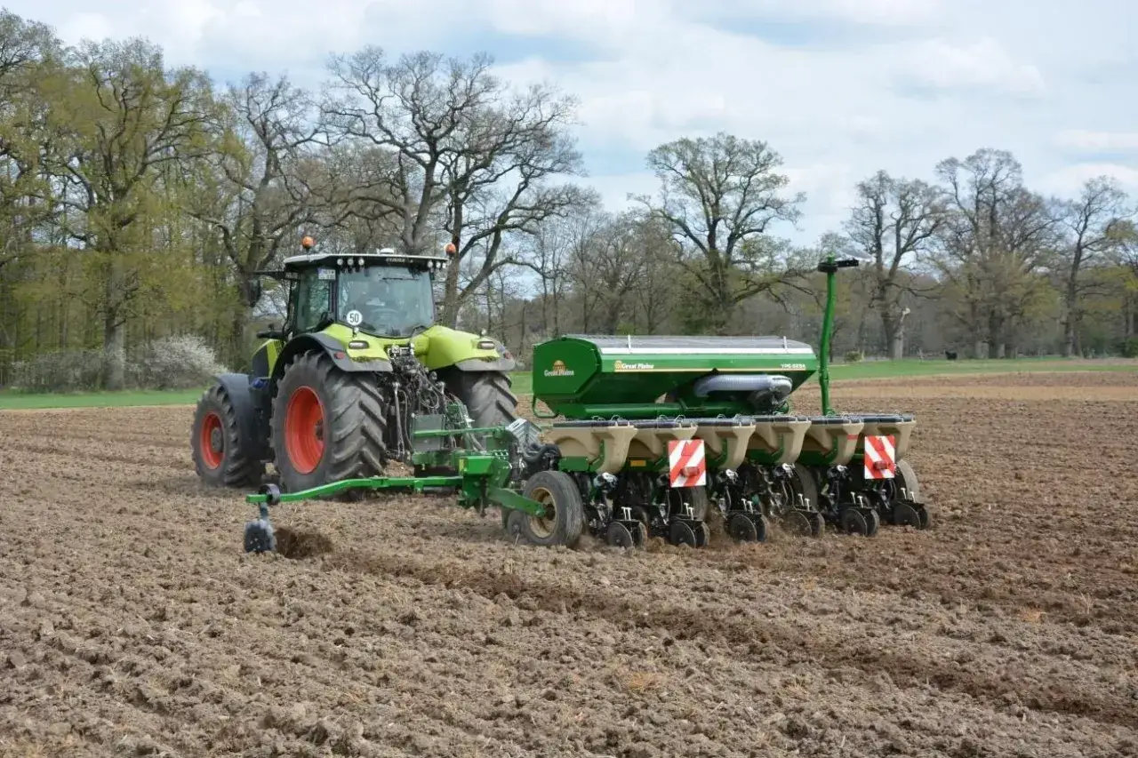 Traktor z siewnikiem sieje pszenżyto jare na polu.
