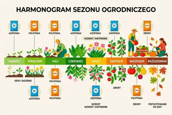 Harmonogram ogrodniczy: od marca do października, z zastosowaniem nawozów jak amofoska, dla wzrostu i zbiorów.