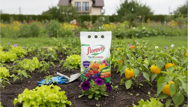 Opakowanie nawozu Florovit OgrodComplex na tle grządki z warzywami i kwiatami.