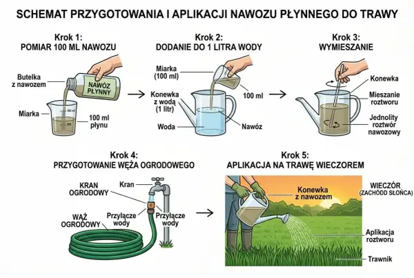 Schemat pokazuje, jak przygotować i zastosować nawóz płynny do trawy. Najpierw odmierz 100 ml nawozu, dodaj do 1 litra wody, wymieszaj, a następnie wieczorem podlej trawnik.