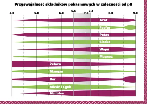 Wykres pokazuje przyswajalność składników pokarmowych w zależności od **ph gleby**. Różne kolory i szerokości pasów wskazują optymalne zakresy dla azotu, fosforu, potasu i innych.