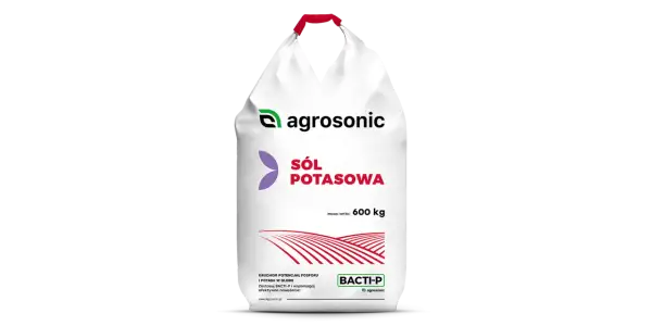 Worek nawozu "Sól potasowa" od Agrosonic, 600 kg. Produkt BACTI-P wspomaga nawożenie.