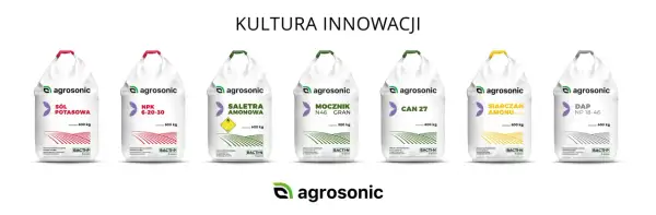 Siedem worków nawozów Agrosonic, w tym Siarczan amonu i DAP. Produkty wspierają efektywne nawożenie.